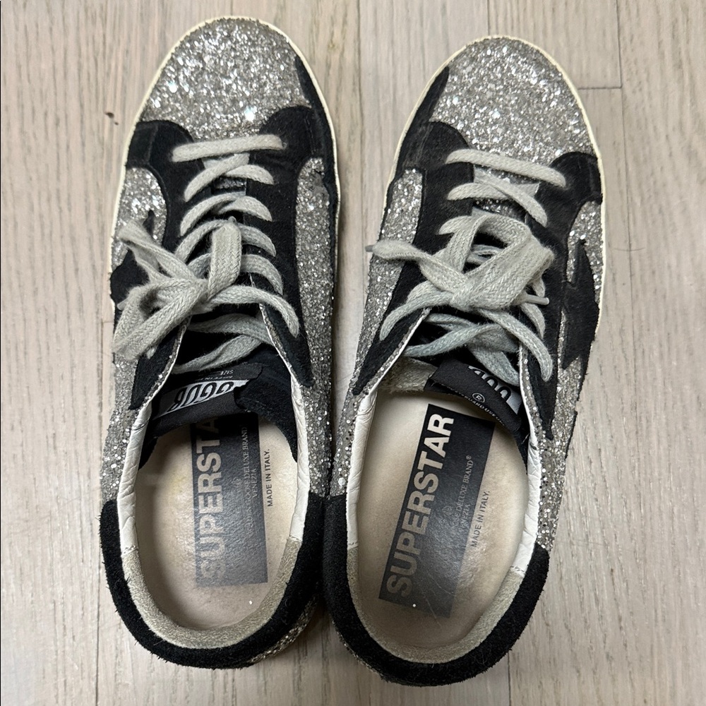 Golden Goose Silver and Black Glitter Sneakers